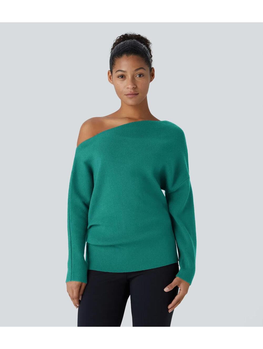 NWT Halara Off Shoulder Long Sleeve Work Sweater Green Small